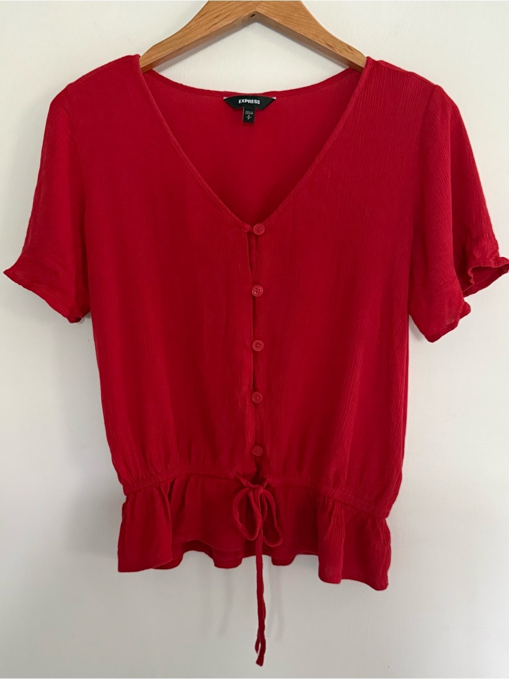 Express Women's Bright Red Button-Front V-Neck Blouse